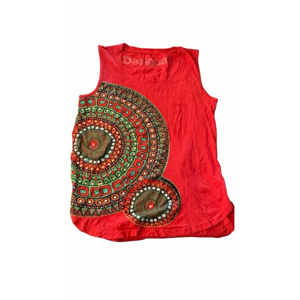 Desigual Sleeveless Mandala Print Top – Vibrant Red Boho Tank With Sequins